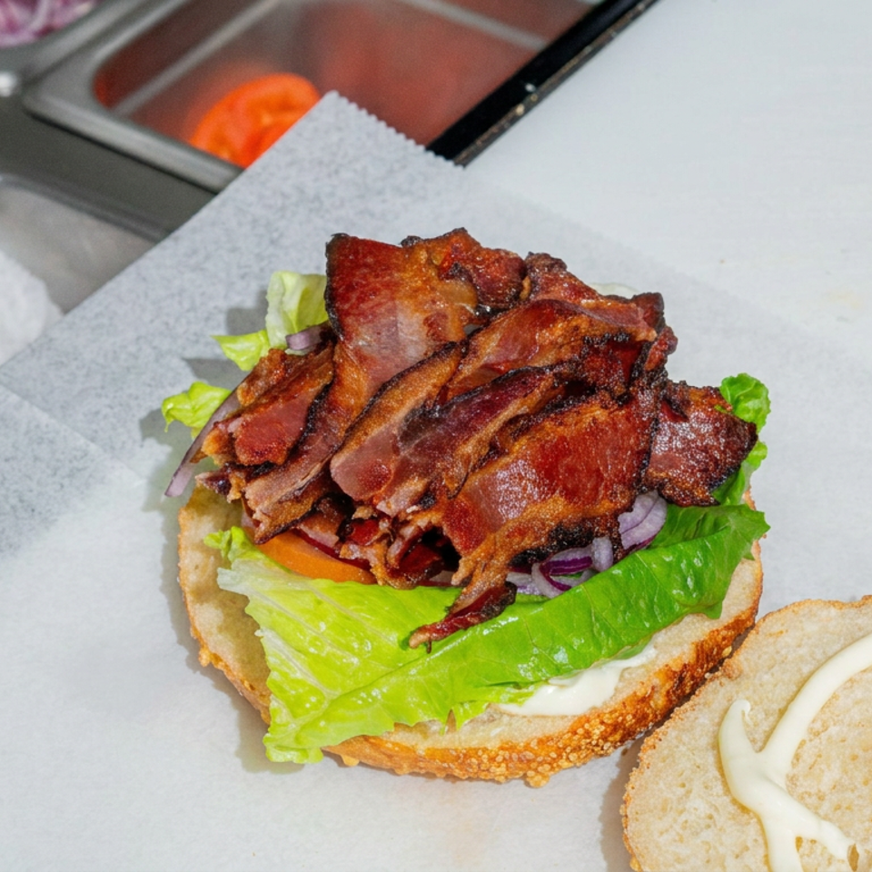 Open sandwich bun topped with crispy bacon, lettuce, tomato, onions, and mayonnaise on a food preparation counter.