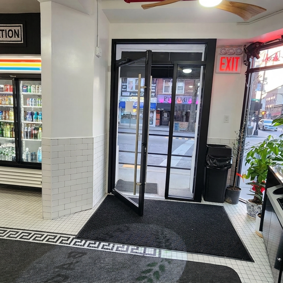 Bagel shop entrance with glass doors, refrigerated drink case, checkout counter, plants, and patterned tile flooring.