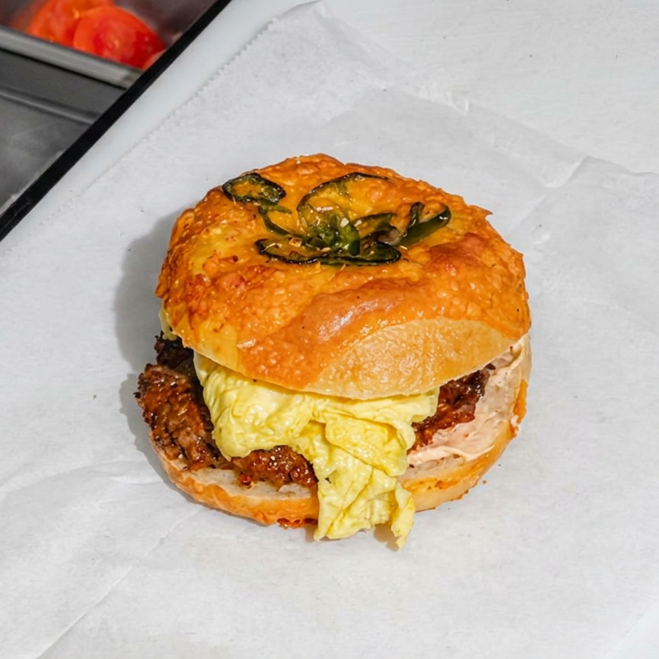 Loaded burger with a toasted bun, crispy patty, scrambled egg, creamy sauce, and sliced jalapeños on parchment paper.