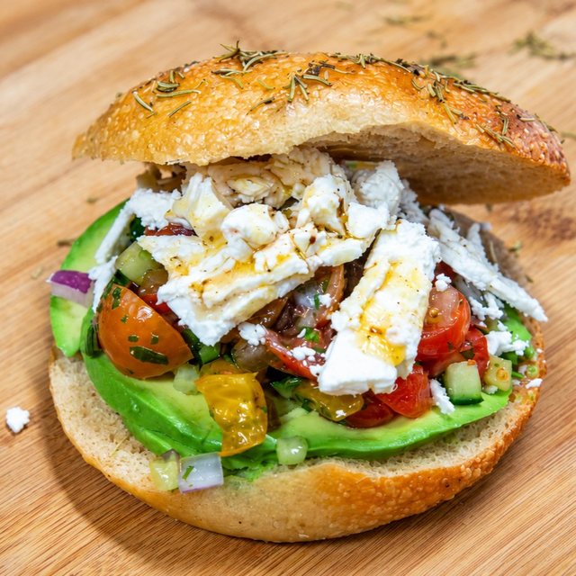 Greek Avo Bagel.